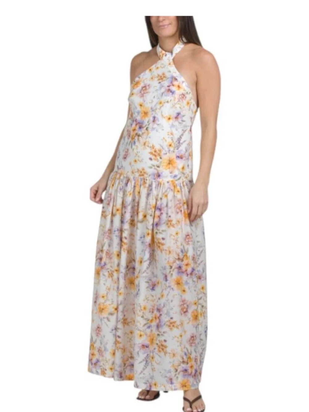 Aqua Blu White Floral Halter Backless Maxi Dress with Yellow Accents Formal NWT